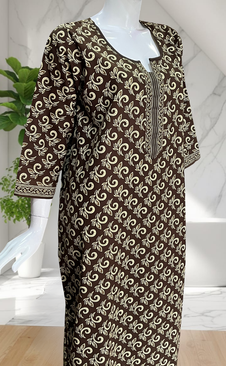 Mehndi Green Leafy Pure Cotton Long Sleeve Nighty. Pure Durable Cotton | Laces and Frills