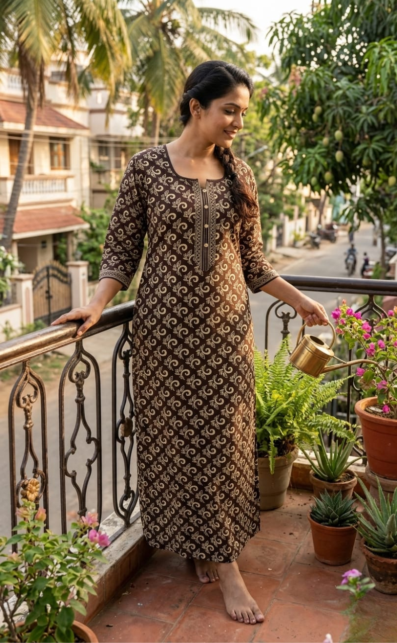 Mehndi Green Leafy Pure Cotton Long Sleeve Nighty. Pure Durable Cotton | Laces and Frills