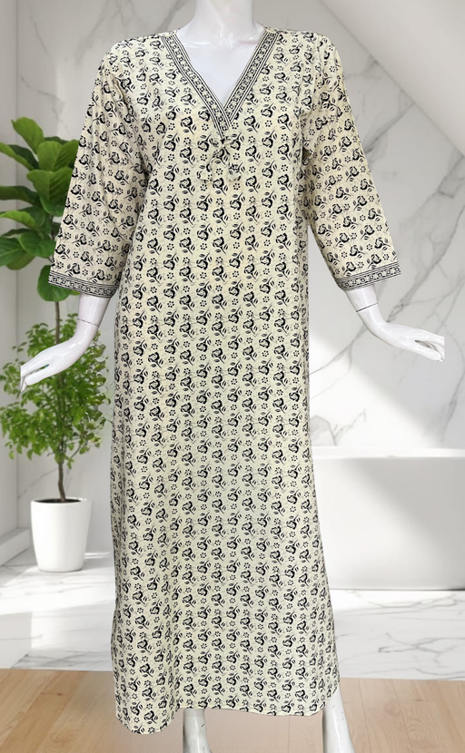Off White Floral Pure Cotton Long Sleeve Nighty. Pure Durable Cotton | Laces and Frills