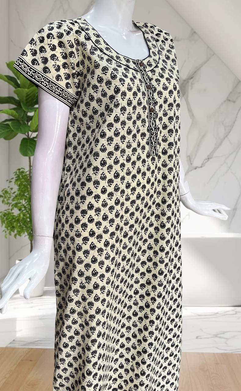 Off White Tiny Flora Pure Cotton Nighty. Pure Durable Cotton | Laces and Frills