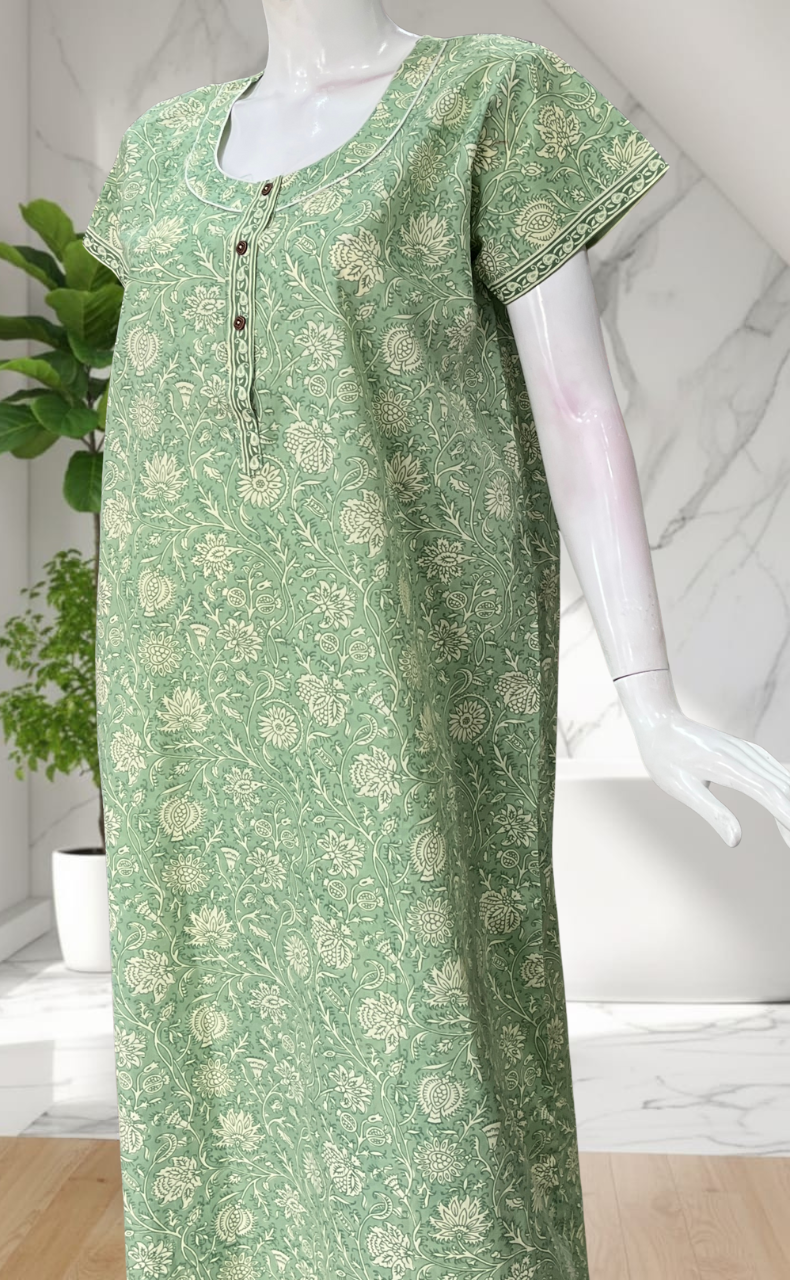 Pista Green Garden Pure Cotton Nighty. Pure Durable Cotton | Laces and Frills