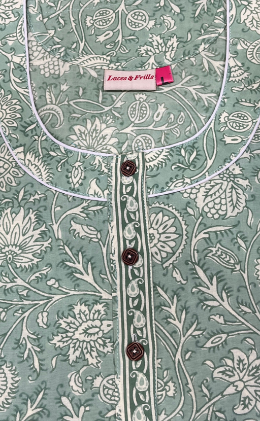 Pista Green Garden Pure Cotton Nighty. Pure Durable Cotton | Laces and Frills