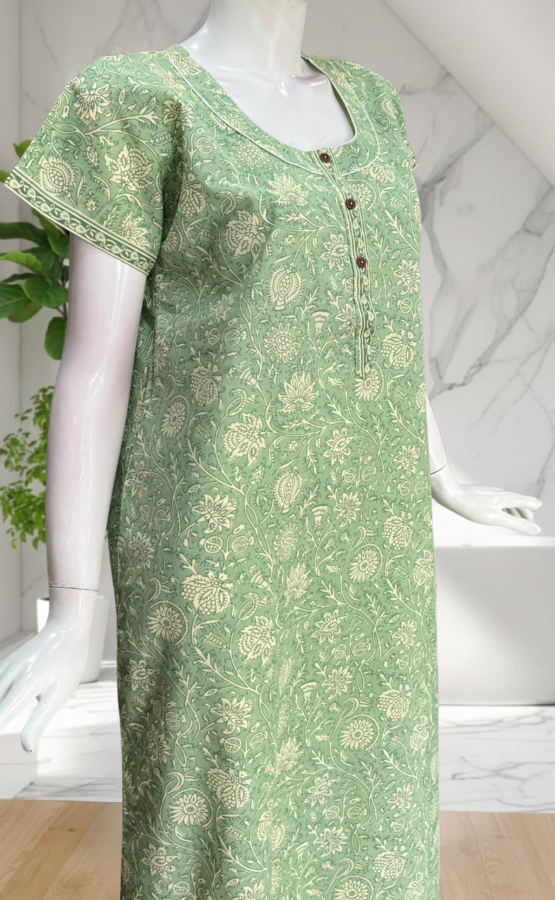 Pista Green Garden Pure Cotton Nighty. Pure Durable Cotton | Laces and Frills