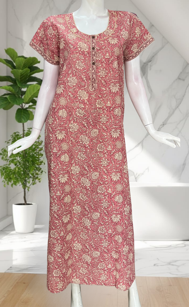 Onion Pink Garden Pure Cotton Nighty. Pure Durable Cotton | Laces and Frills