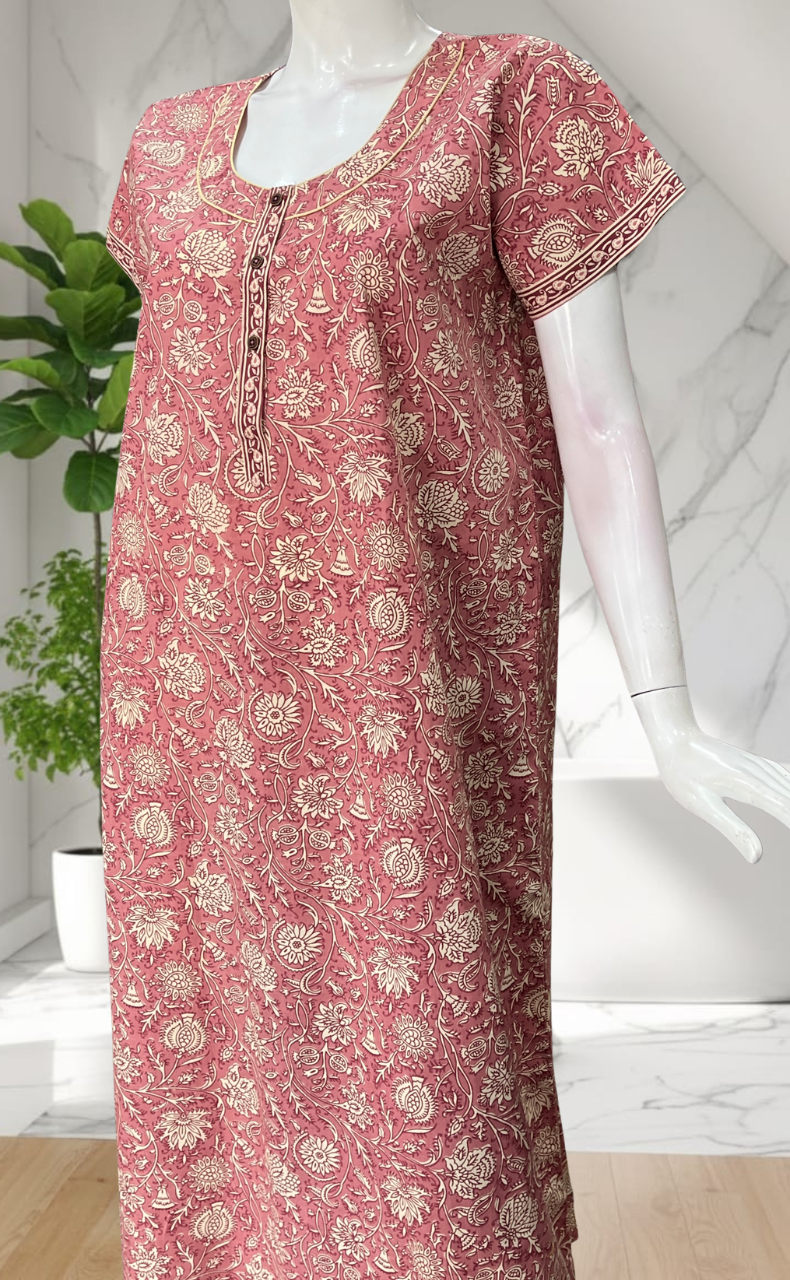 Onion Pink Garden Pure Cotton Nighty. Pure Durable Cotton | Laces and Frills
