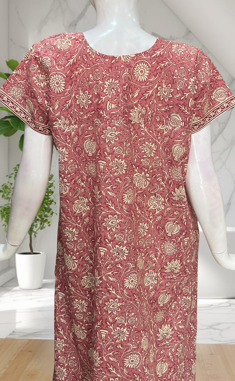 Onion Pink Garden Pure Cotton Nighty. Pure Durable Cotton | Laces and Frills