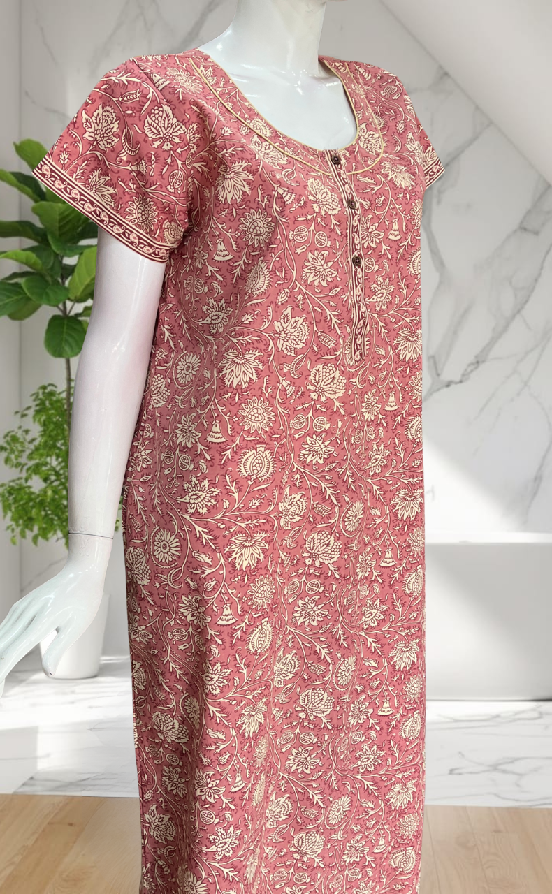 Onion Pink Garden Pure Cotton Nighty. Pure Durable Cotton | Laces and Frills