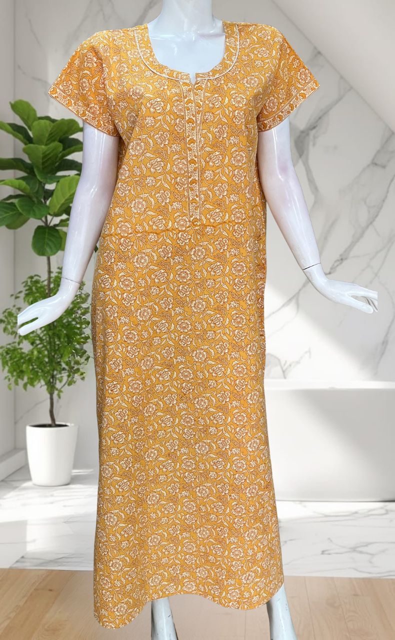 Yellow Garden Pure Cotton Nighty. Pure Durable Cotton | Laces and Frills