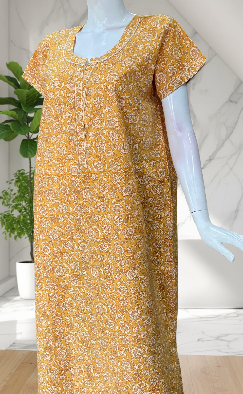 Yellow Garden Pure Cotton Nighty. Pure Durable Cotton | Laces and Frills