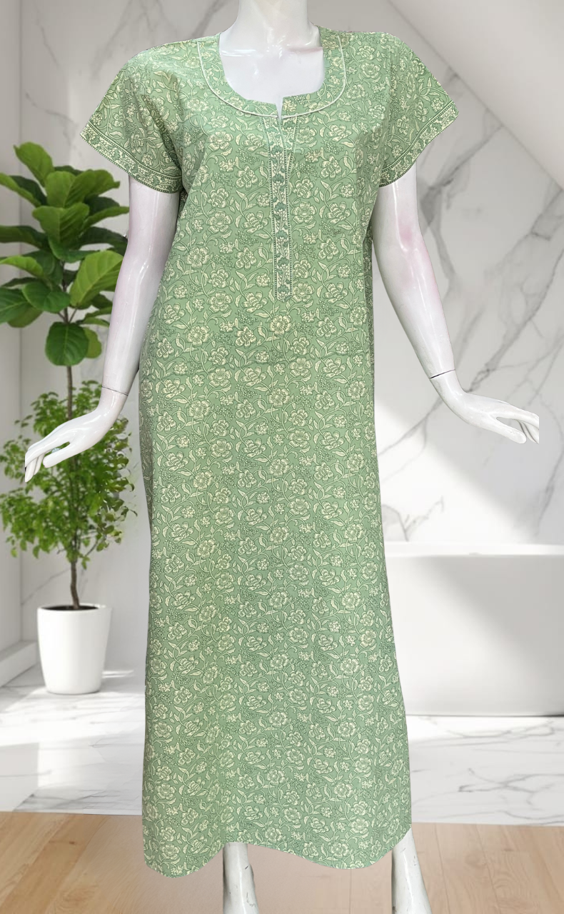 Pista Green Garden Pure Cotton Nighty. Pure Durable Cotton | Laces and Frills