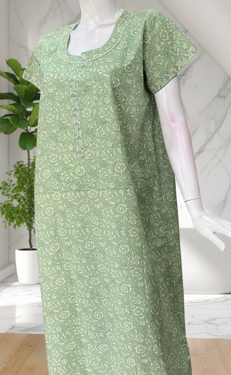 Pista Green Garden Pure Cotton Nighty. Pure Durable Cotton | Laces and Frills