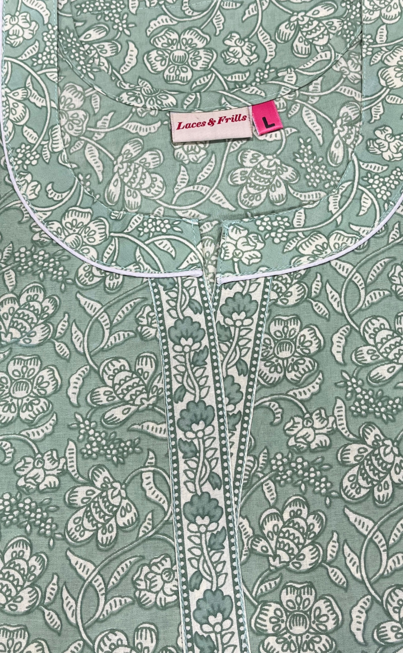 Pista Green Garden Pure Cotton Nighty. Pure Durable Cotton | Laces and Frills