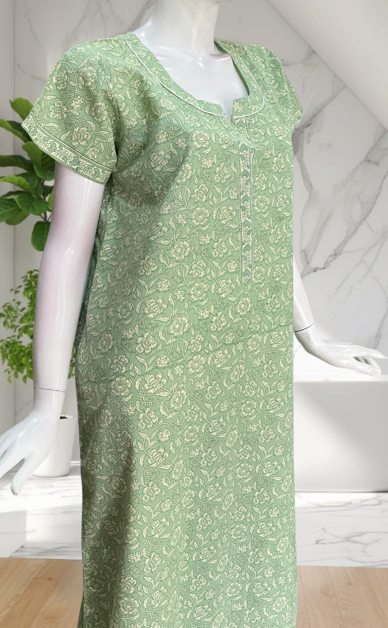 Pista Green Garden Pure Cotton Nighty. Pure Durable Cotton | Laces and Frills
