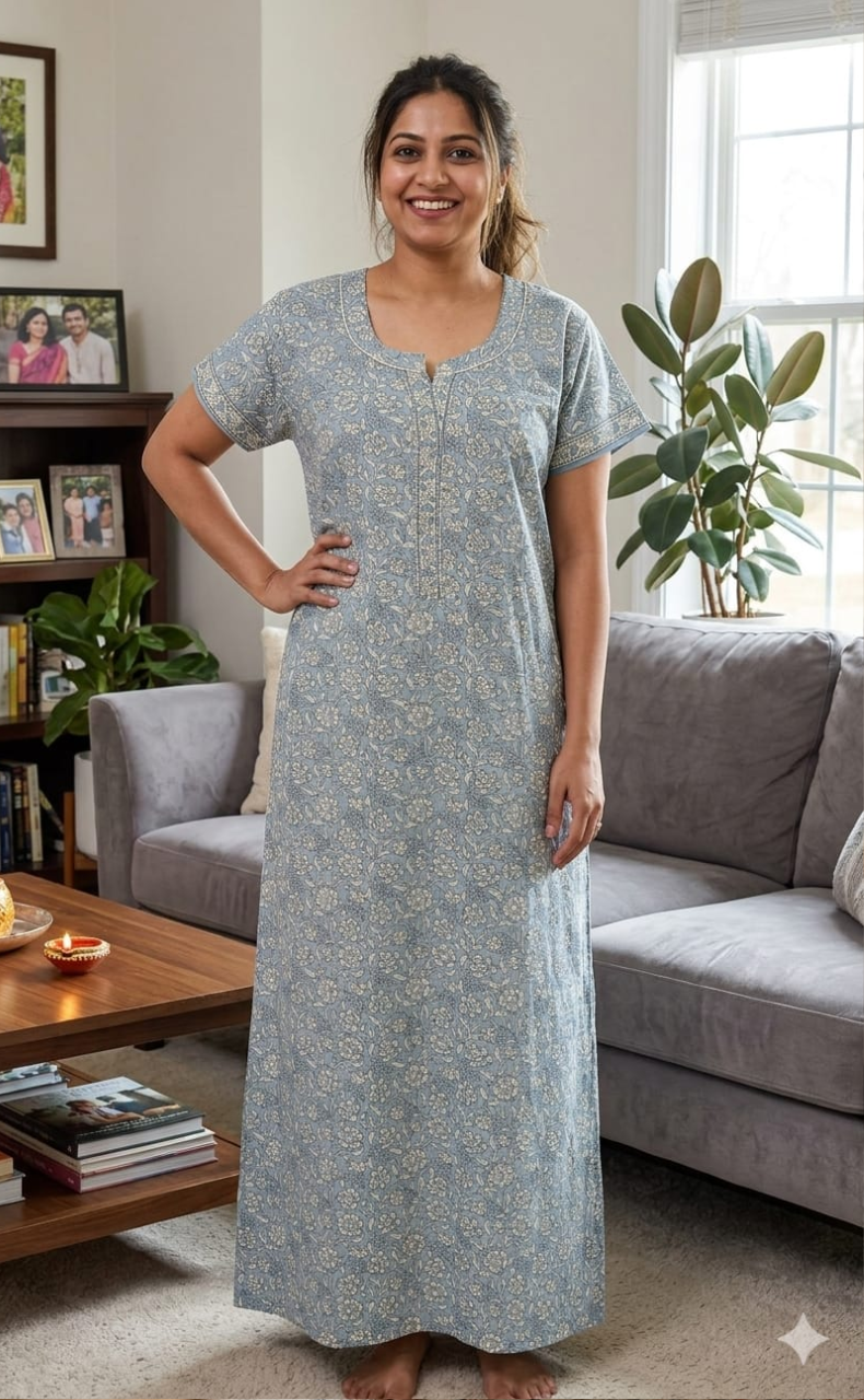 Light Blue Garden Pure Cotton Nighty. Pure Durable Cotton | Laces and Frills - Laces and Frills