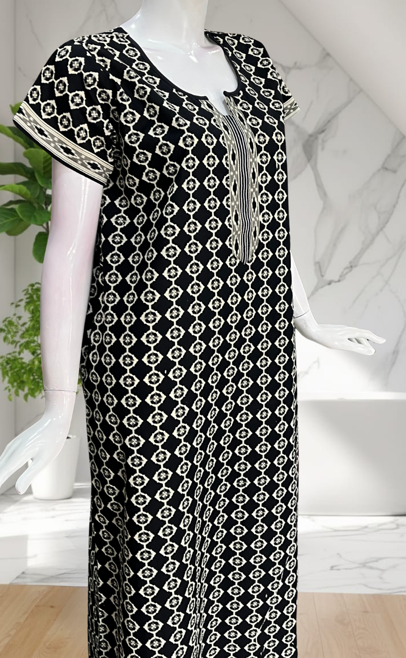 Black Abstract Pure Cotton Nighty. Pure Durable Cotton | Laces and Frills