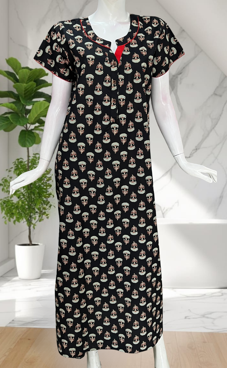 Black Flora Pure Cotton Nighty. Pure Durable Cotton | Laces and Frills