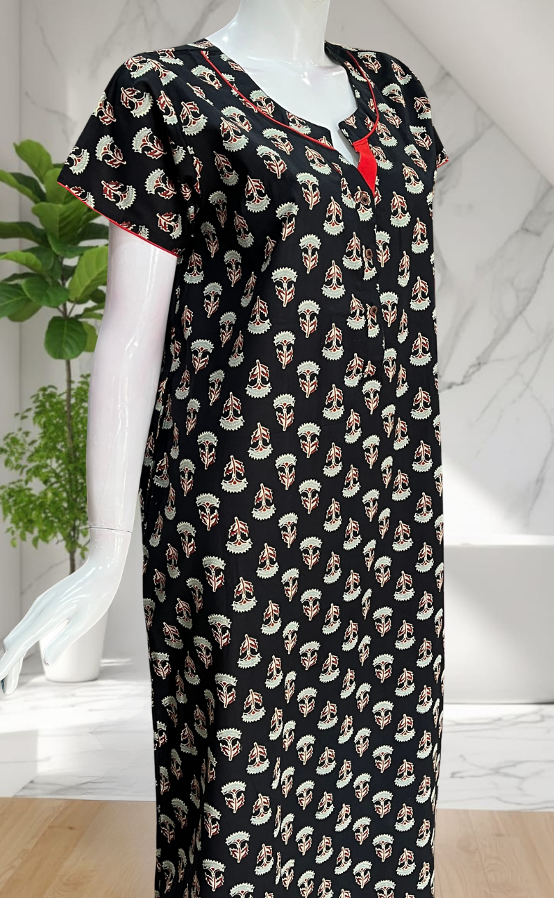 Black Flora Pure Cotton Nighty. Pure Durable Cotton | Laces and Frills