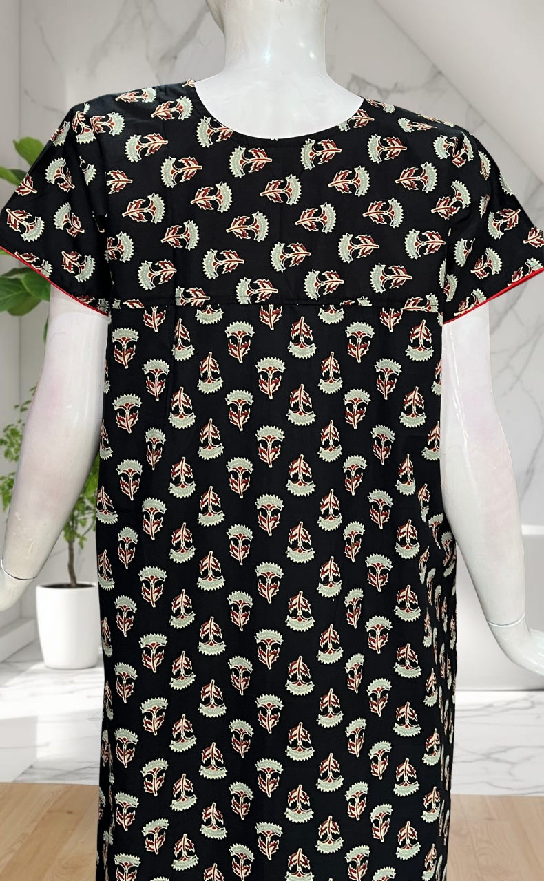 Black Flora Pure Cotton Nighty. Pure Durable Cotton | Laces and Frills