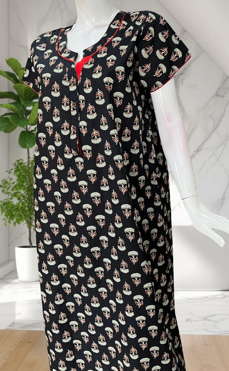 Black Flora Pure Cotton Nighty. Pure Durable Cotton | Laces and Frills