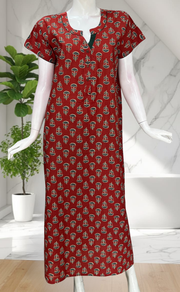 Maroon Flora Pure Cotton Nighty. Pure Durable Cotton | Laces and Frills