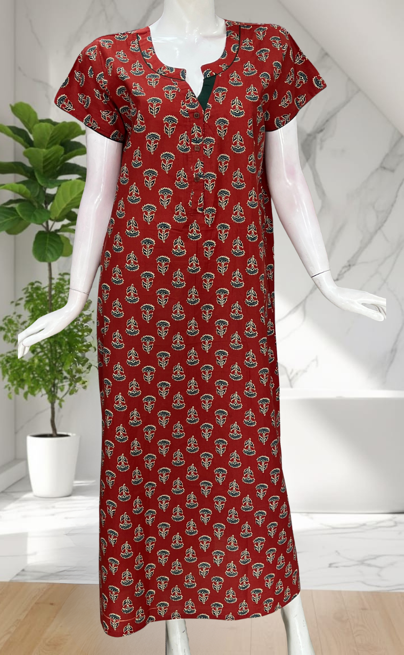 Maroon Flora Pure Cotton Nighty. Pure Durable Cotton | Laces and Frills