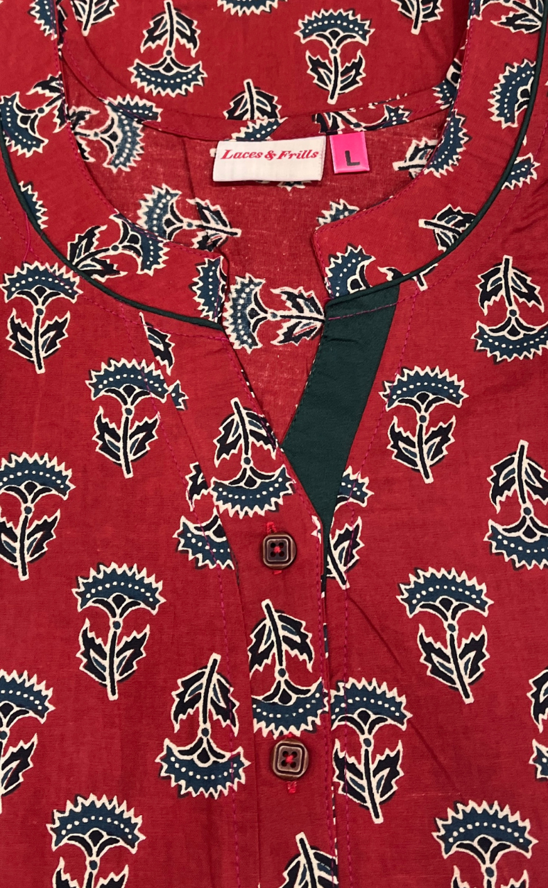 Maroon Flora Pure Cotton Nighty. Pure Durable Cotton | Laces and Frills