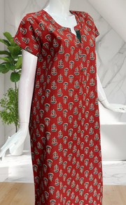 Maroon Flora Pure Cotton Nighty. Pure Durable Cotton | Laces and Frills