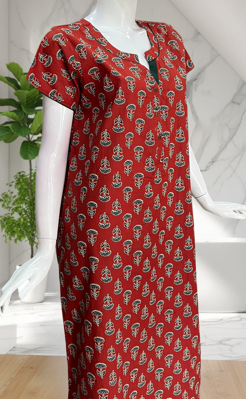 Maroon Flora Pure Cotton Nighty. Pure Durable Cotton | Laces and Frills