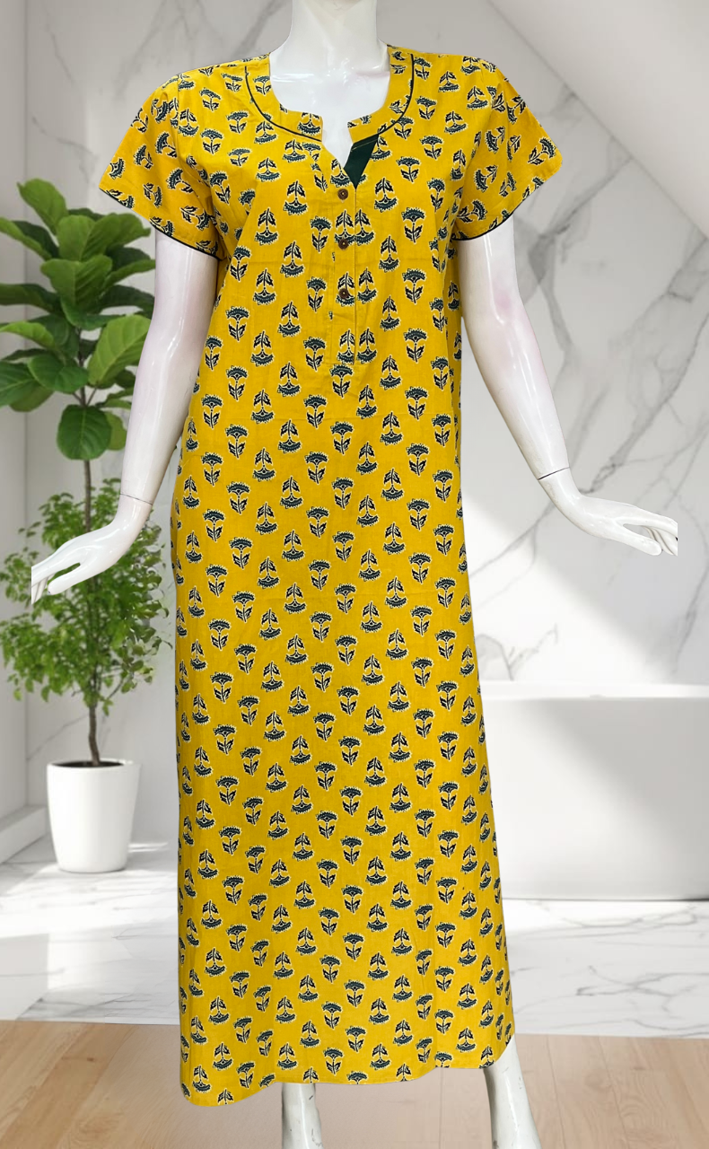 Yellow Flora Pure Cotton Nighty. Pure Durable Cotton | Laces and Frills