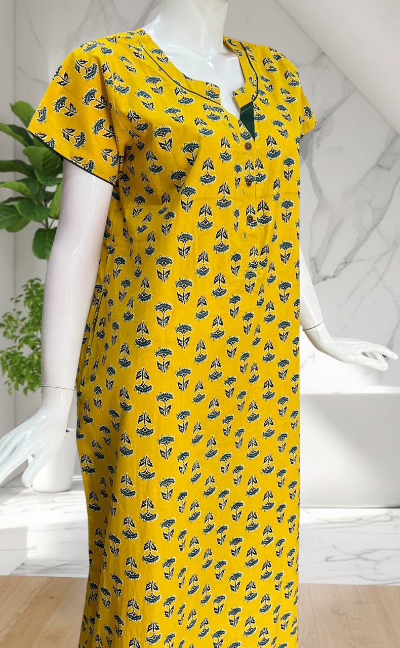 Yellow Flora Pure Cotton Nighty. Pure Durable Cotton | Laces and Frills