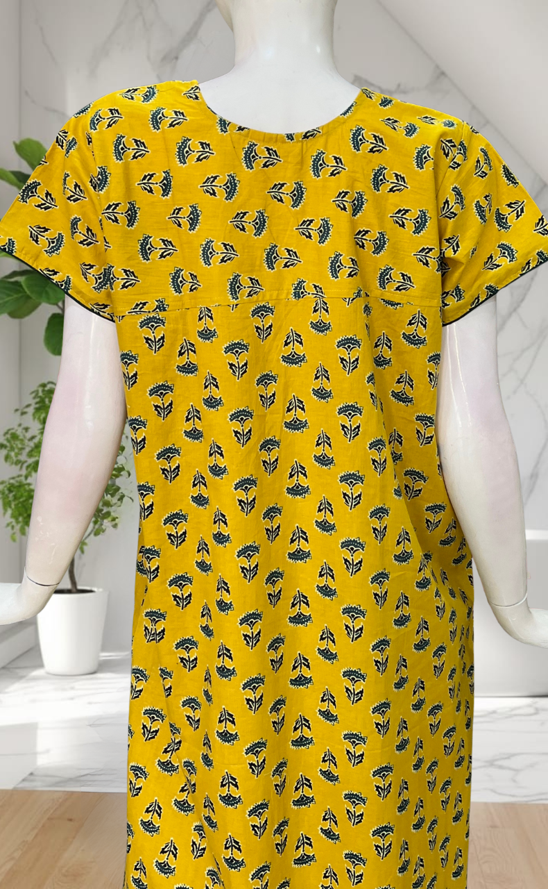 Yellow Flora Pure Cotton Nighty. Pure Durable Cotton | Laces and Frills