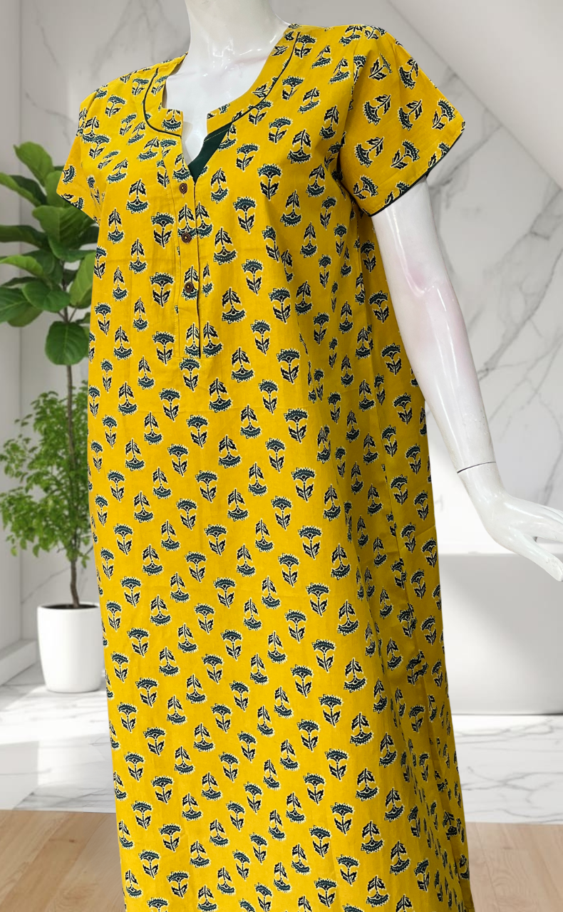 Yellow Flora Pure Cotton Nighty. Pure Durable Cotton | Laces and Frills