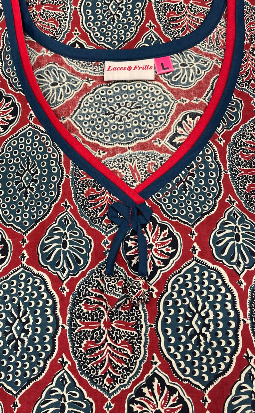 Maroon Ajrakh Pure Cotton Nighty. Pure Durable Cotton | Laces and Frills