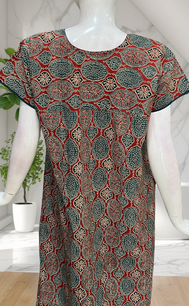 Maroon Ajrakh Pure Cotton Nighty. Pure Durable Cotton | Laces and Frills