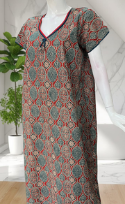 Maroon Ajrakh Pure Cotton Nighty. Pure Durable Cotton | Laces and Frills