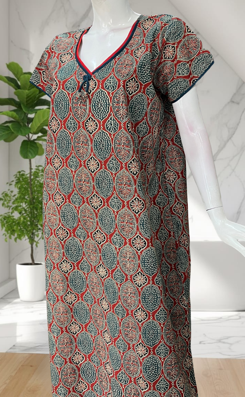 Maroon Ajrakh Pure Cotton Nighty. Pure Durable Cotton | Laces and Frills
