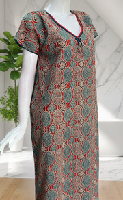 Maroon Ajrakh Pure Cotton Nighty. Pure Durable Cotton | Laces and Frills