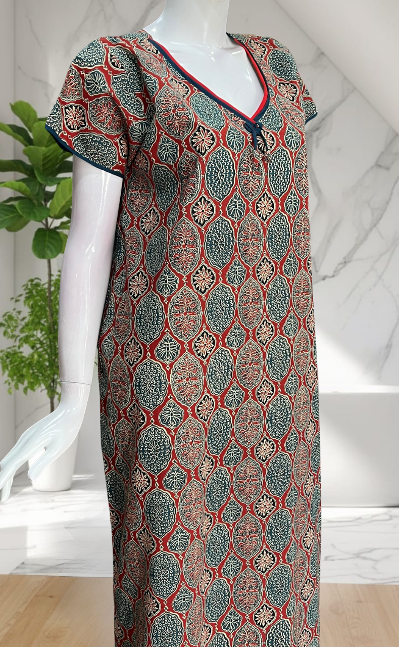 Maroon Ajrakh Pure Cotton Nighty. Pure Durable Cotton | Laces and Frills