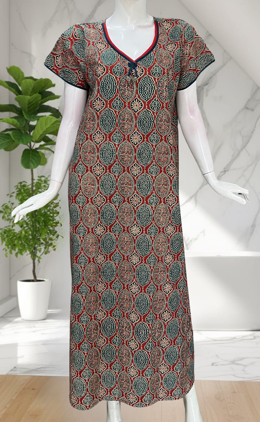 Maroon Ajrakh Pure Cotton Nighty. Pure Durable Cotton | Laces and Frills