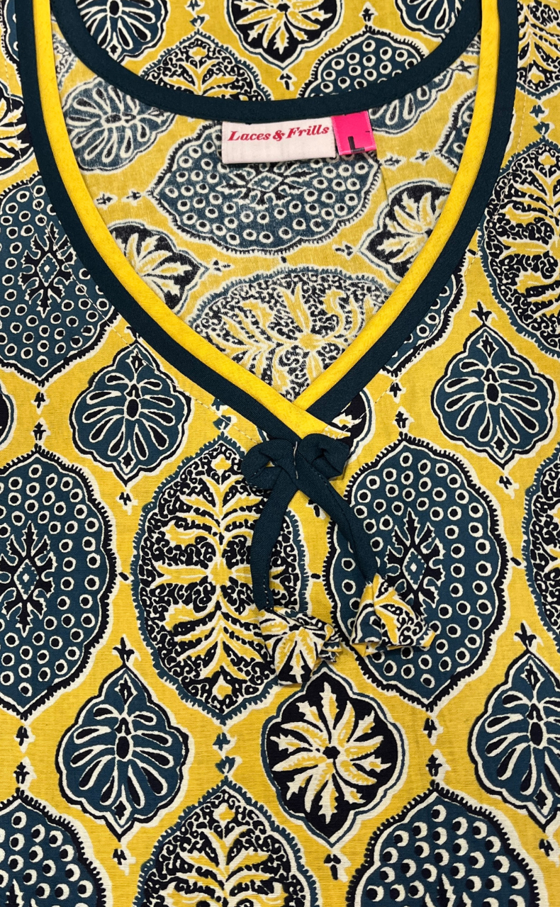 Yellow Ajrakh Pure Cotton Nighty. Pure Durable Cotton | Laces and Frills