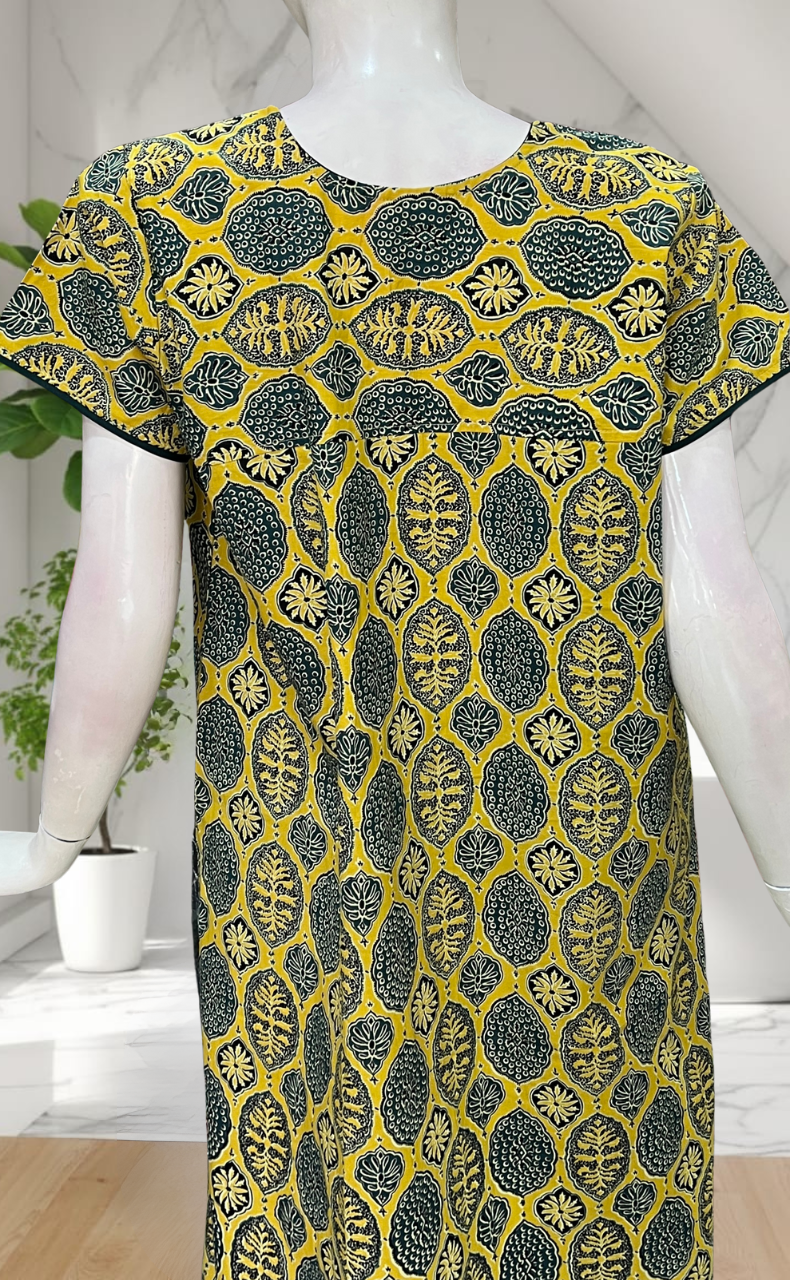 Yellow Ajrakh Pure Cotton Nighty. Pure Durable Cotton | Laces and Frills