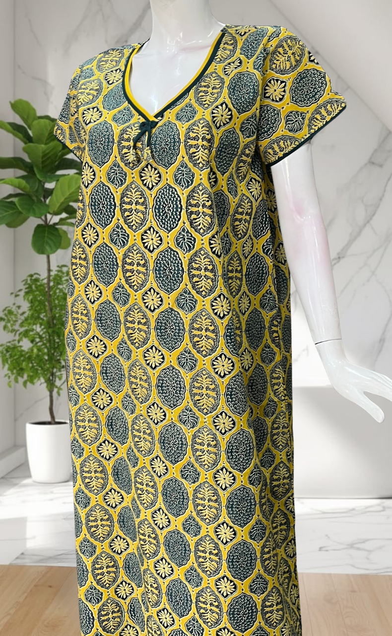Yellow Ajrakh Pure Cotton Nighty. Pure Durable Cotton | Laces and Frills