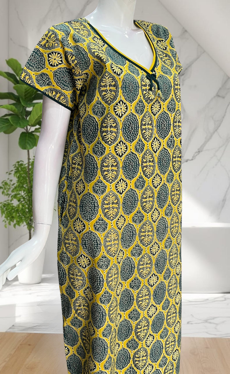 Yellow Ajrakh Pure Cotton Nighty. Pure Durable Cotton | Laces and Frills