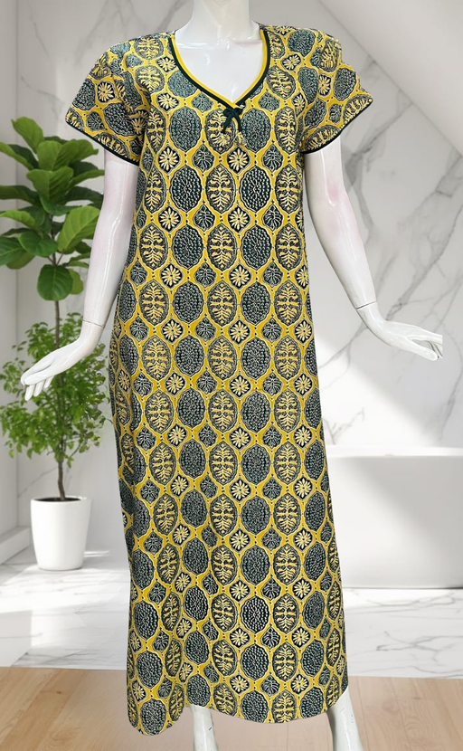 Yellow Ajrakh Pure Cotton Nighty. Pure Durable Cotton | Laces and Frills