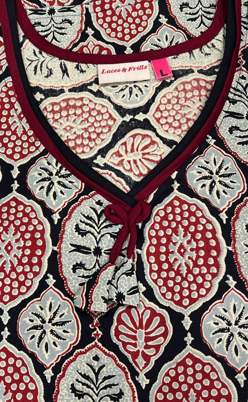 Black Ajrakh Pure Cotton Nighty. Pure Durable Cotton | Laces and Frills