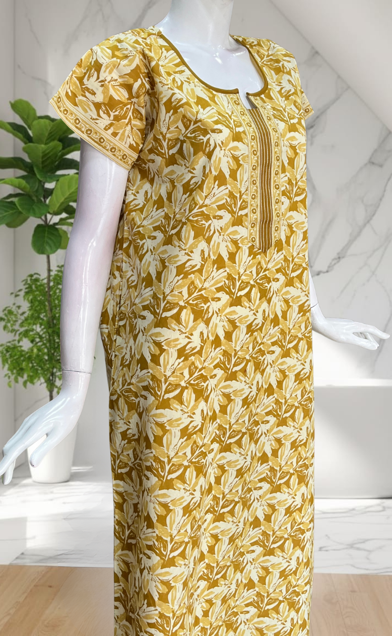 Yellow Leafy Pure Cotton Nighty. Pure Durable Cotton | Laces and Frills
