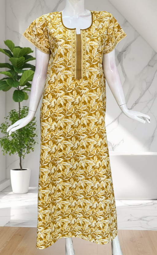 Yellow Leafy Pure Cotton Nighty. Pure Durable Cotton | Laces and Frills