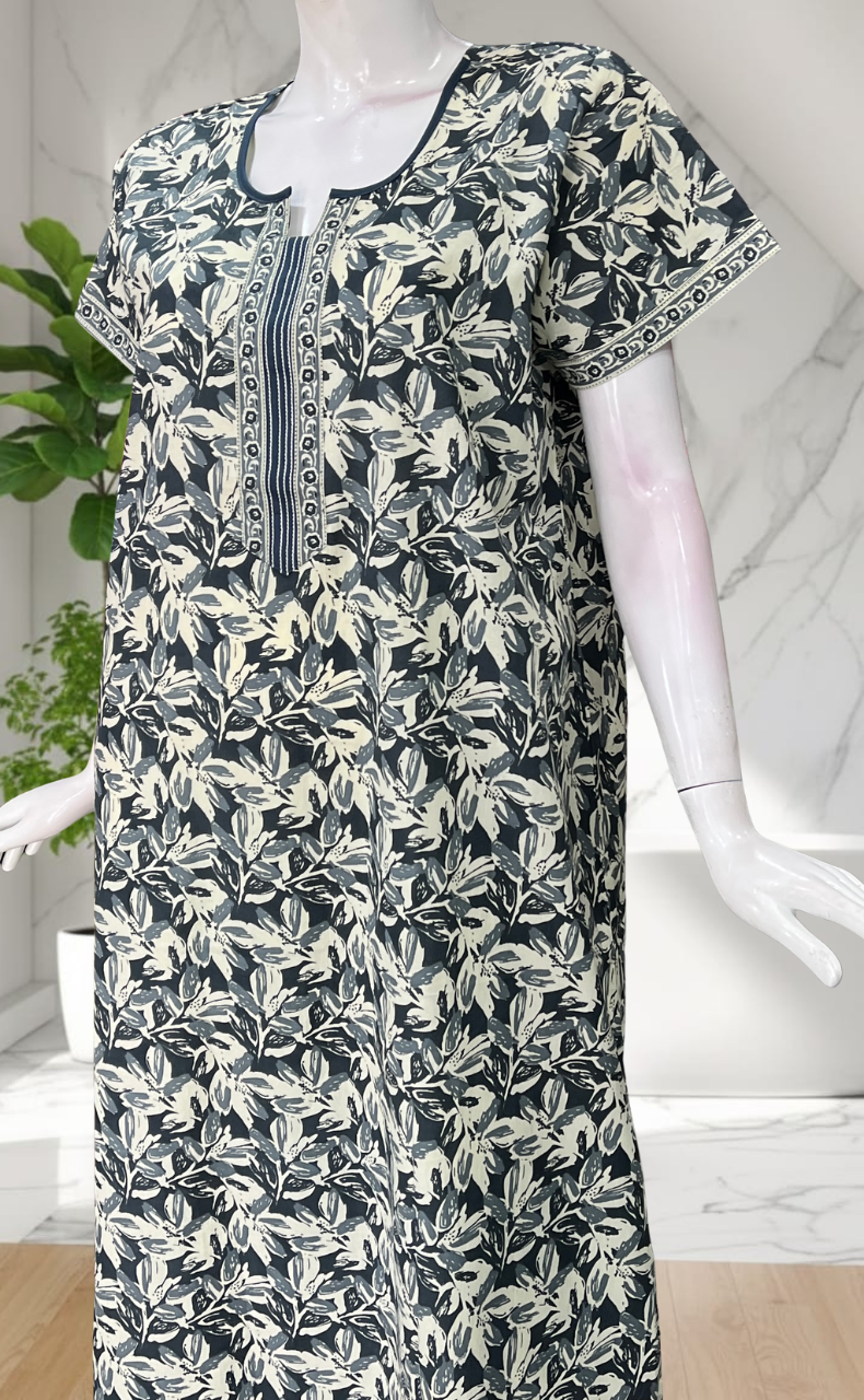 Grey Leafy Pure Cotton Nighty. Pure Durable Cotton | Laces and Frills