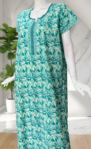Sea Green Leafy Pure Cotton Nighty. Pure Durable Cotton | Laces and Frills