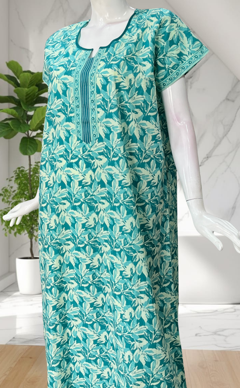 Sea Green Leafy Pure Cotton Nighty. Pure Durable Cotton | Laces and Frills